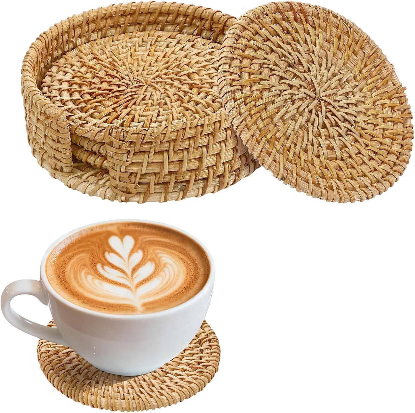 6pcs Natural Handmade Rattan Coasters with Holder - Wicker Drink Coasters Set, Housewarming Gifts Boho Summer Home Coastal Decor