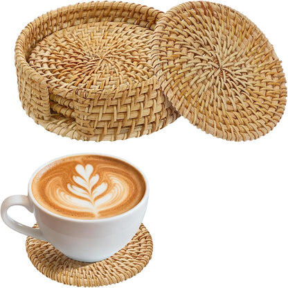 6pcs Natural Handmade Rattan Coasters with Holder - Wicker Drink Coasters Set, Housewarming Gifts Boho Summer Home Coastal Decor