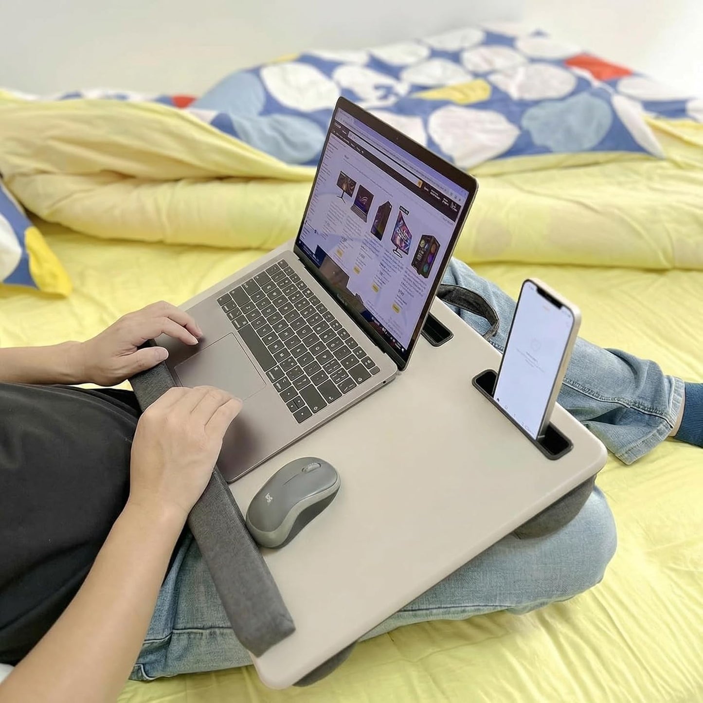 Lap Desk Home Office Lap Desk Portable Laptop Desk for Left Right - Handers with Whole Mouse Pad Wrist Pad Dual Cushion Phone Tablet Slots Fits Up to 17 Inch Laptops