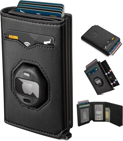 Airtag Wallet for Men,with Cash Pocket 2 ID Window 10+ Cards,Metal Case Smart Slim Pop Up Credit Card Holder Flip with Magnetic Closure RFID Blocking Trifold Leather wallet with Gift Box