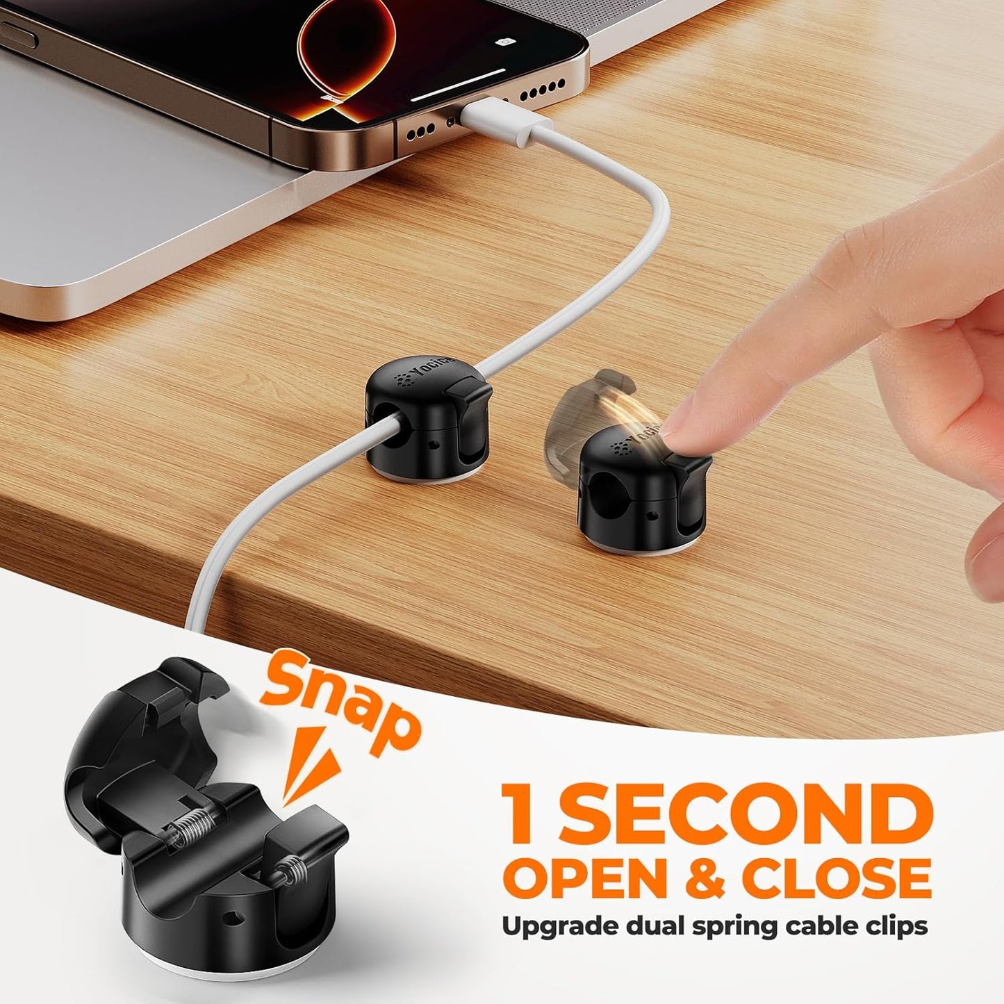 6 Pack Locking Spring Cable Clips, Rotatable Cord Organizer with Secure Lock Design, Adhesive Cord Holder for Desk Home Office Car Wall Charger Cable Management, Clear