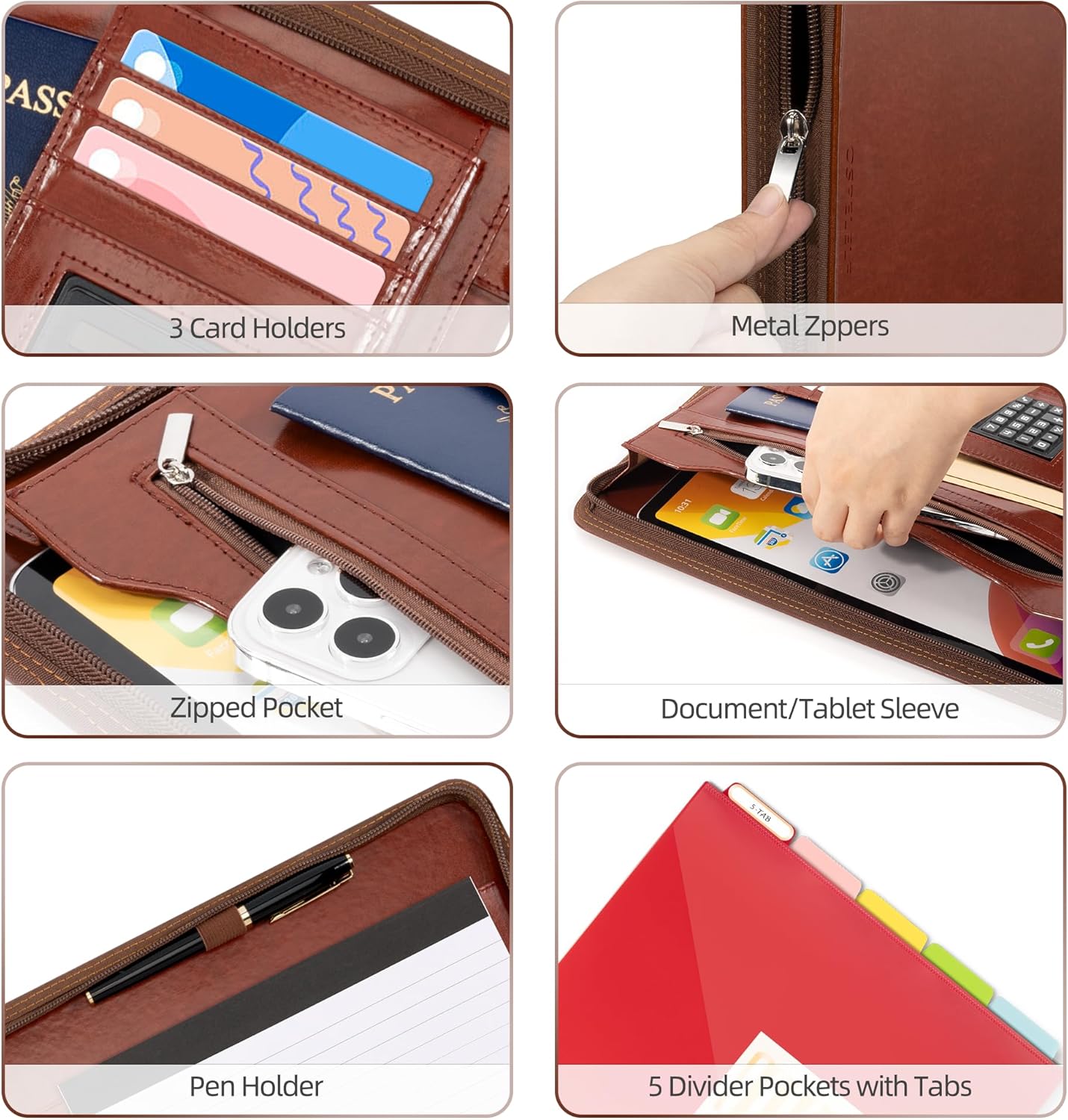 Ospelelf Zippered Padfolio Portfolio Folder, Leather Clipboard with Storage, 3 Ring Binder 1 Inch,12.1” Tablet Sleeve, 5 Dividers with Pocket, Refillable Notepad, Card Slot (Classic Black)