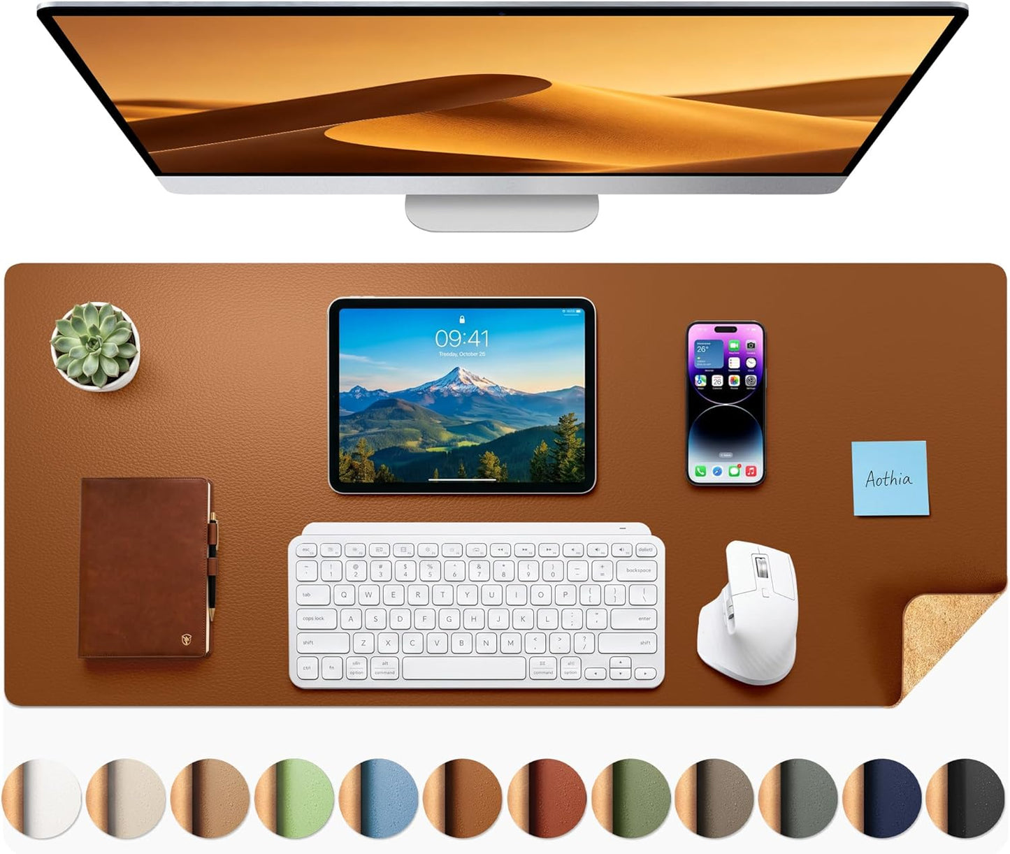 Aothia Dual-Sided Desk Pad - 25.6x13.7 inches Leather Desk Mat, Natural Cork Desk Pad Protector, Large Mouse Pad for Desk, Waterproof Desk Blotter Pad, Desk Writing Pad for Office Work/Home, Black