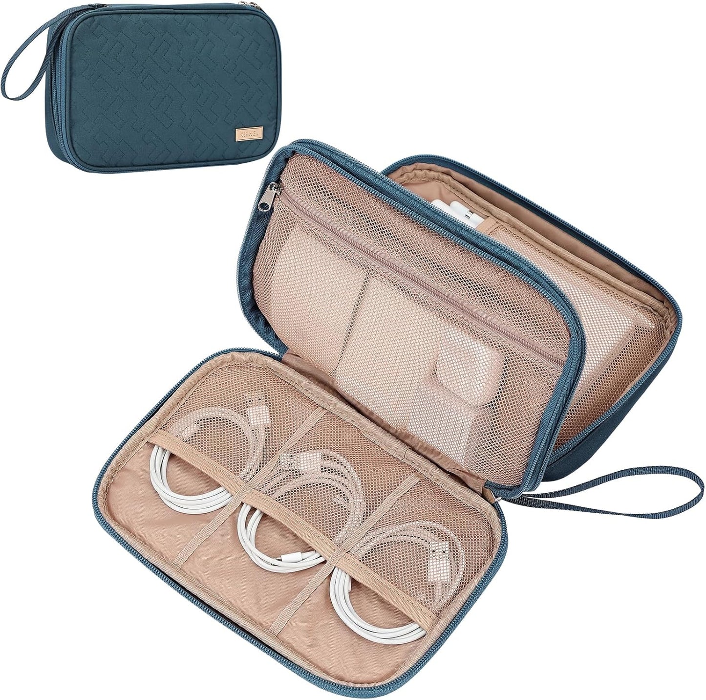 NISHEL Travel Cord Organizer Case, Double Layers Tech Electronic Bag, Essentials for Charger, Cable, Phone, Flash drive, Medium, Pink