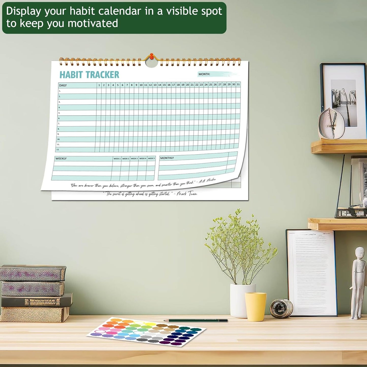 Habit Tracker Calendar, Aesthetic Daily Weekly Goal and Habit Tracker Journal, 12 Months Undated Habits Tracker Planner with Spiral Binding, Boost Productivity Tool and Workout Calendar, 11.7"x8.5"
