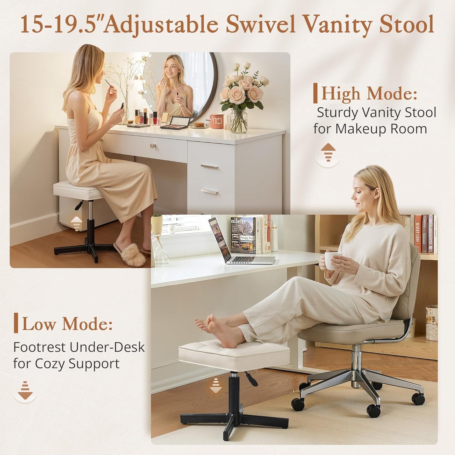 LUE BONA Adjustable Vanity Stool, Foot Rest Under Desk, 360° Swivel Vanity Chair for Makeup Room, Black Upholstered Faux Leather Ottoman for Bathroom & Living Room, 300lbs