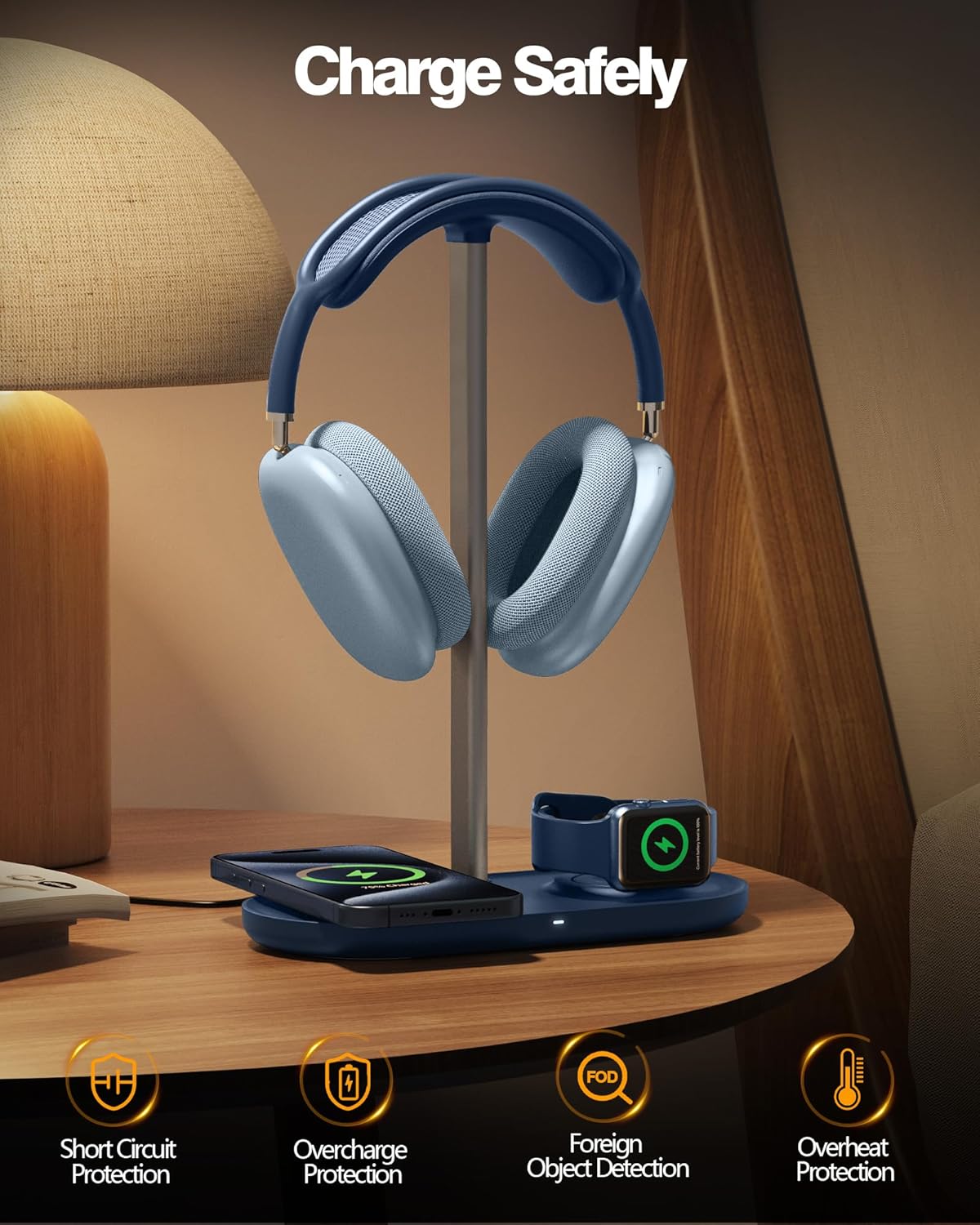 HiWe 4-in-1 RGB Gaming Headphone Stand with Dual Controller Holder, Wireless Charger for iPhone/Apple Watch, USB-A & USB-C Outputs, Adapter Included, Black