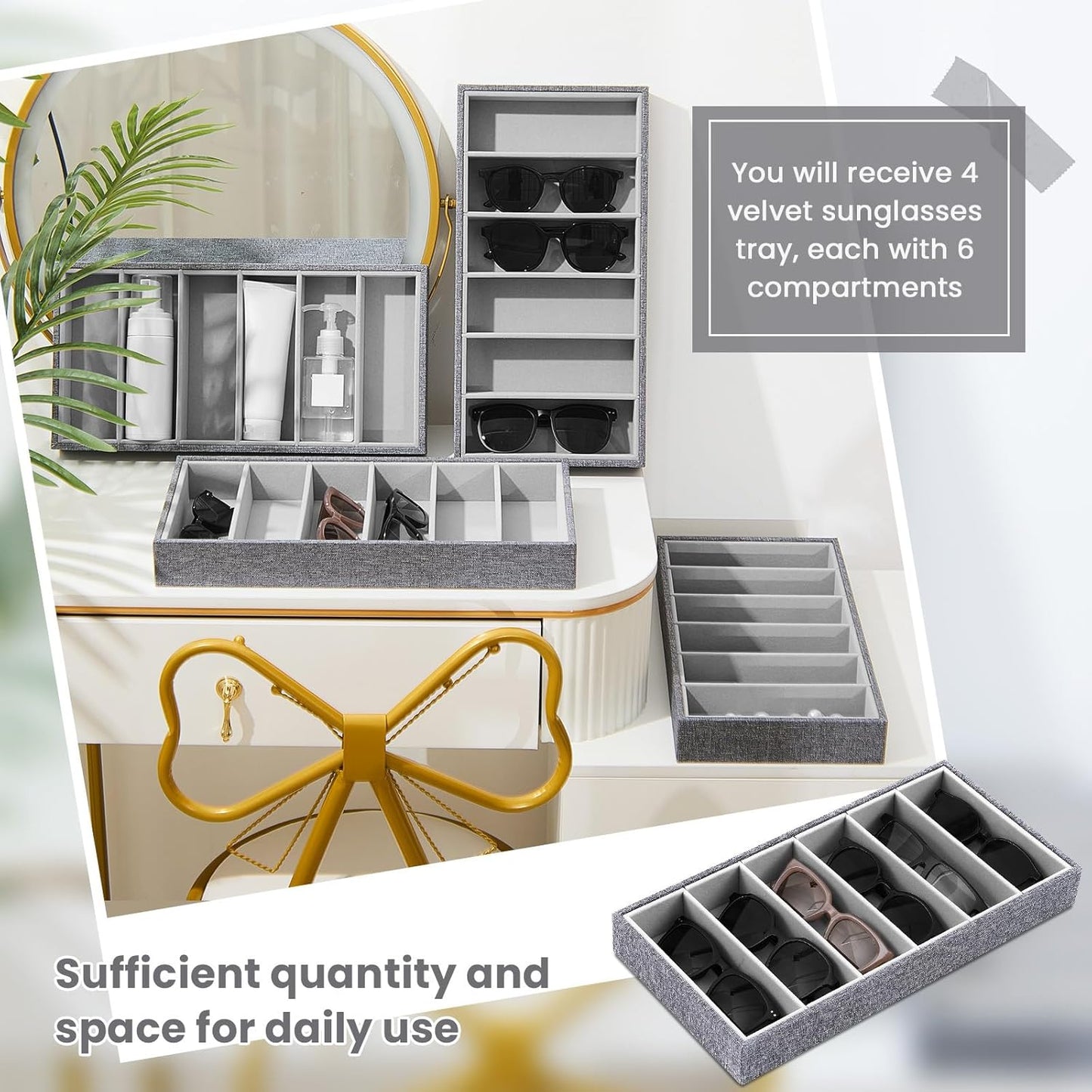 Juexica 2 Pcs Velvet Sunglasses Organizer Tray 6 Grid Sunglass Organizer Velvet Tray Stackable Glasses Display Case for Women Glasses Jewelry Display Watch (Beige)