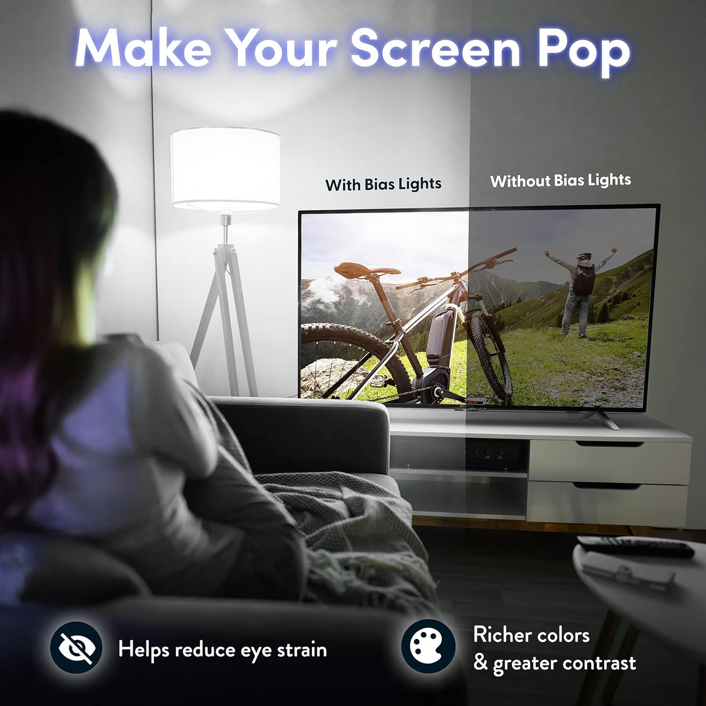 Luminoodle Color Bias Lighting, USB TV and Monitor Backlight LED Strip Lights Kit with Dimmer, Remote - 6.6 ft for 24" to 60" TV - Medium