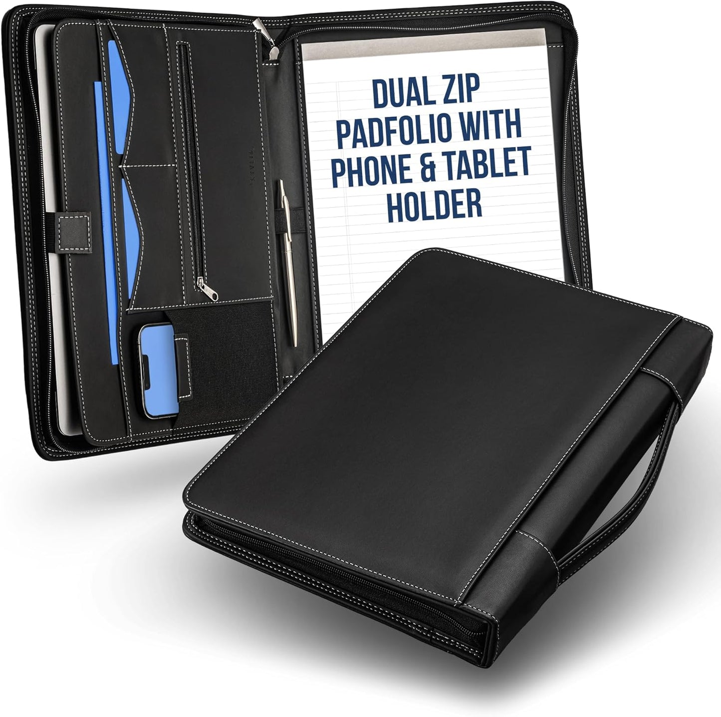 STYLIO Zipper Padfolio Portfolio Binder Organizer | Faux Leather Portfolio for Resume, Documents, Phone, Tablet, Business Supplies and Cards | Notebook Organizer with Letter Sized Notepad Included