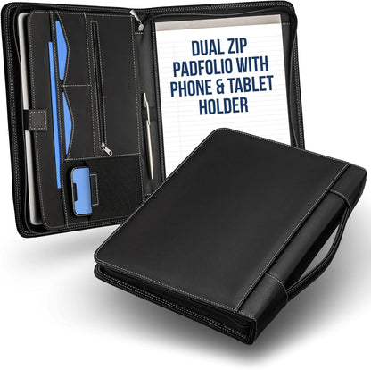 STYLIO Zipper Padfolio Portfolio Binder Organizer | Faux Leather Portfolio for Resume, Documents, Phone, Tablet, Business Supplies and Cards | Notebook Organizer with Letter Sized Notepad Included
