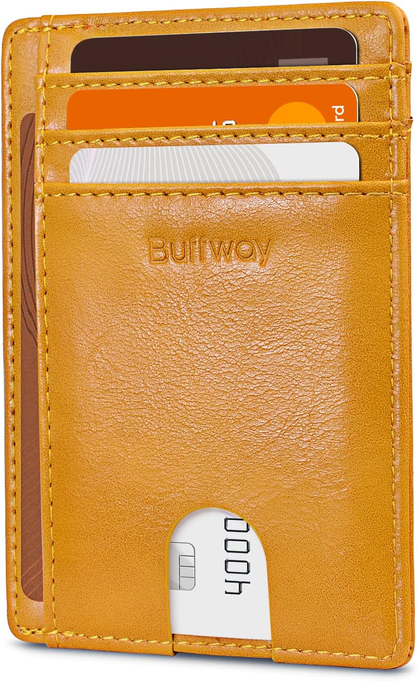 Buffway Slim Minimalist Front Pocket RFID Blocking Leather Wallets for Men and Women - Carbon Fiber Black - Colors A