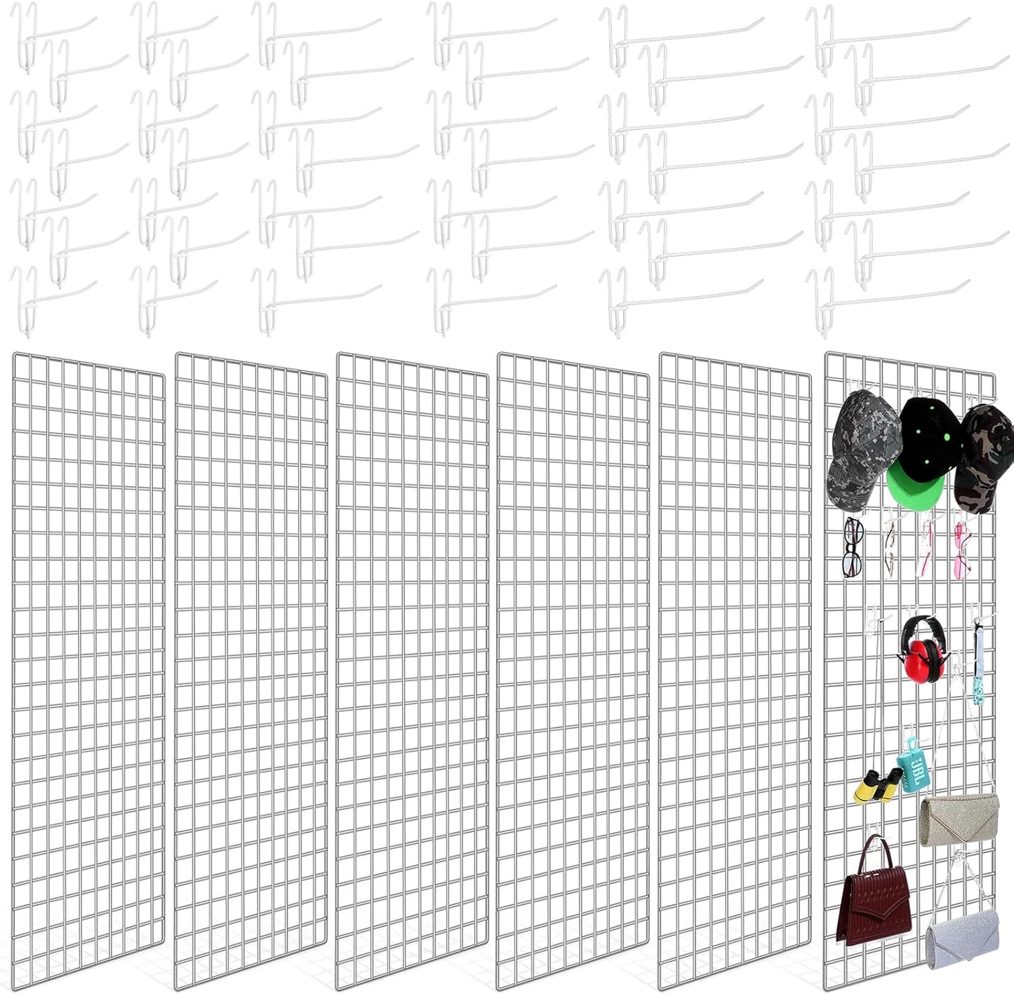 Hicarer 6 Pcs Commercial Grade Gridwall Panels for Display, Heavy Duty Wire Grid wall Display Rack Metal wall Mount Grid with 60 White Hooks for Retail Display Home Storage Vendor Events(2 x 4 ft)