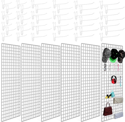 Hicarer 6 Pcs Commercial Grade Gridwall Panels for Display, Heavy Duty Wire Grid wall Display Rack Metal wall Mount Grid with 60 White Hooks for Retail Display Home Storage Vendor Events(2 x 4 ft)