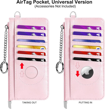 RFID Blocking Slim Credit Card Holder Wallet with Zipper Money Pocket & Keychain, Slim Airtag Wallet for Men Women