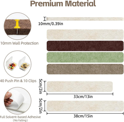 Cork Board for Walls - 8 Pack Felt Pin Board Bar Strips - Self-Adhesive Lightweight Bulletin Board - Cork Board for Office with 40 Push Pins No Damage for Wall