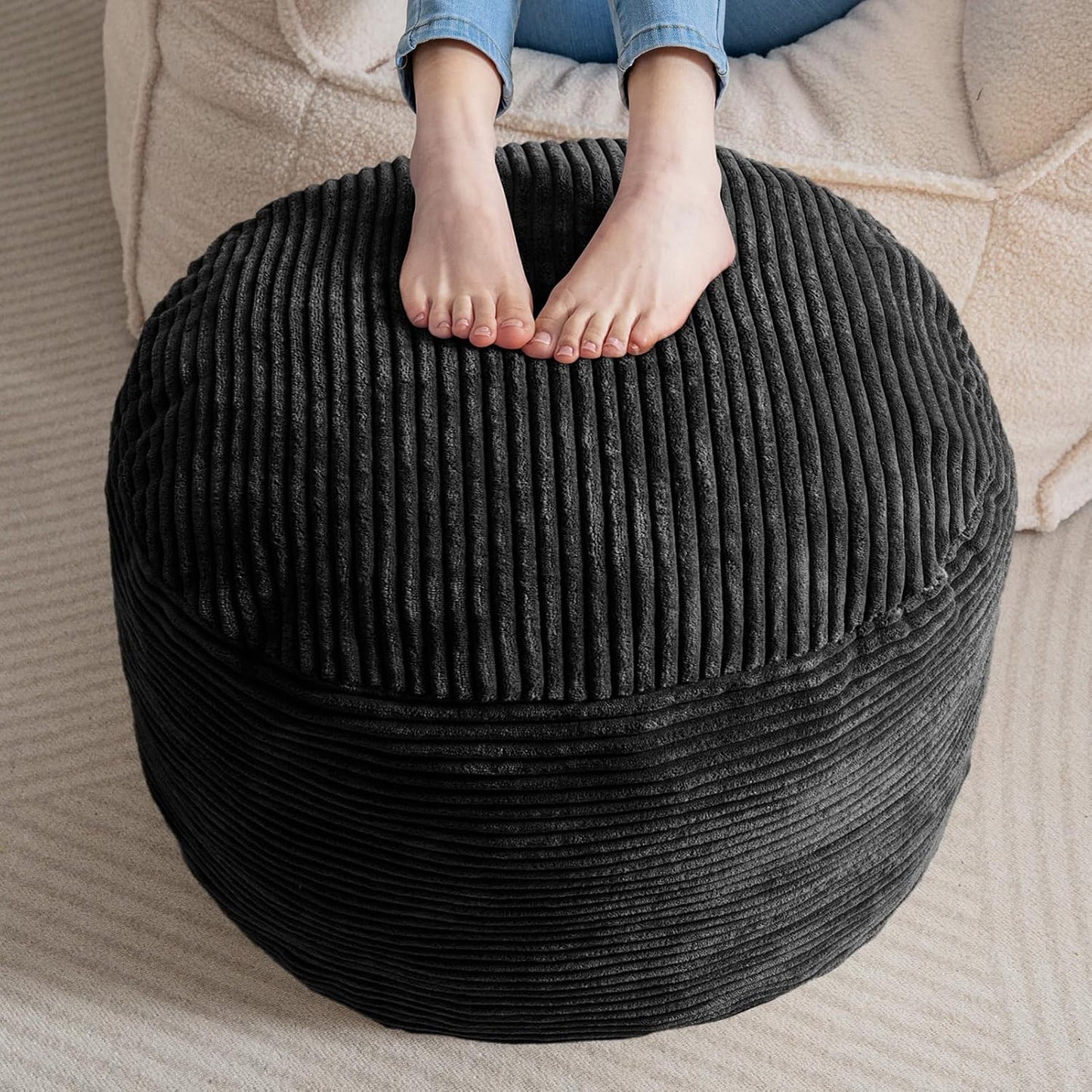 HIGOGOGO Round Stuffed Pouf Ottoman, Corduroy Poufs with Foam Chunk Filling, Furry and Fluffy Pouf Foot Stool Storage Ottoman, 20 X 15 Floor Poufs Foot Rest for Living Room, Dark Grey