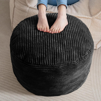 HIGOGOGO Round Stuffed Pouf Ottoman, Corduroy Poufs with Foam Chunk Filling, Furry and Fluffy Pouf Foot Stool Storage Ottoman, 20 X 15 Floor Poufs Foot Rest for Living Room, Dark Grey