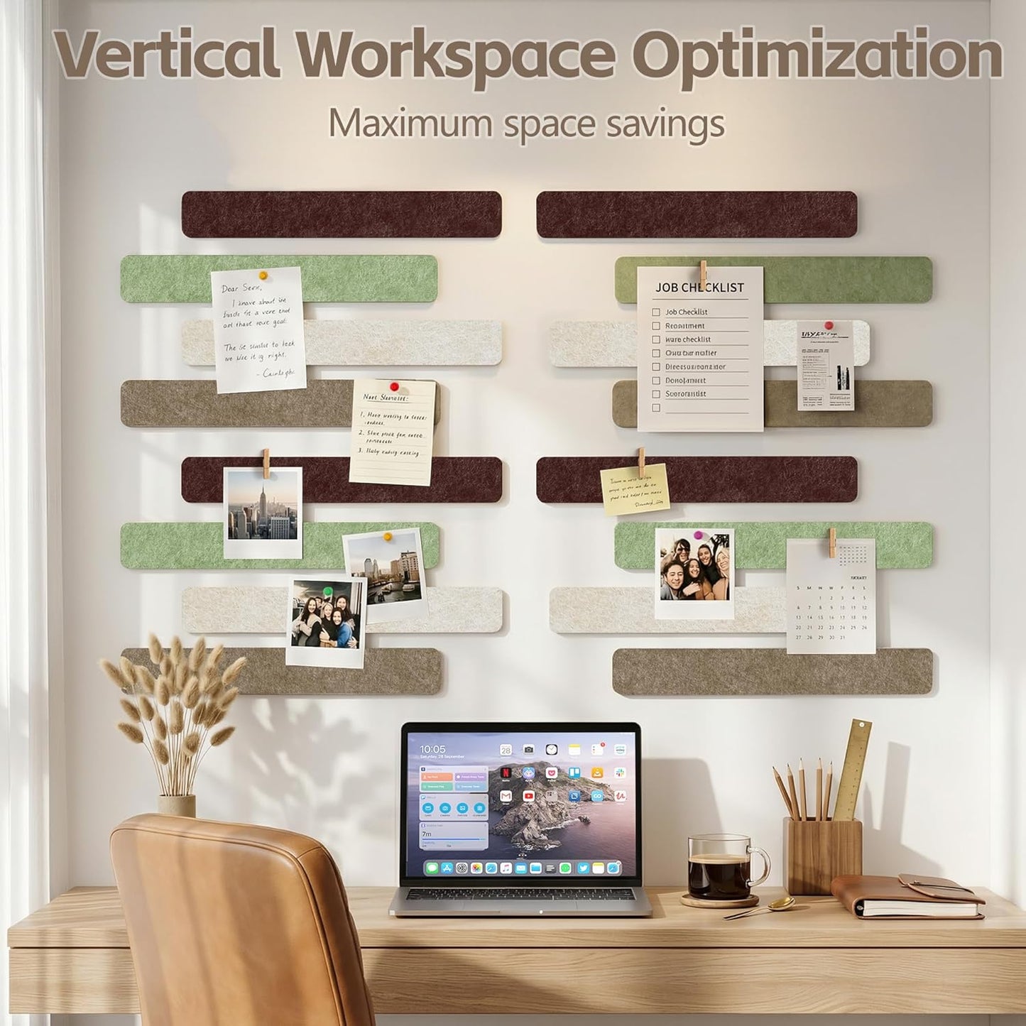 Cork Board for Walls - 8 Pack Felt Pin Board Bar Strips - Self-Adhesive Lightweight Bulletin Board - Cork Board for Office with 40 Push Pins No Damage for Wall