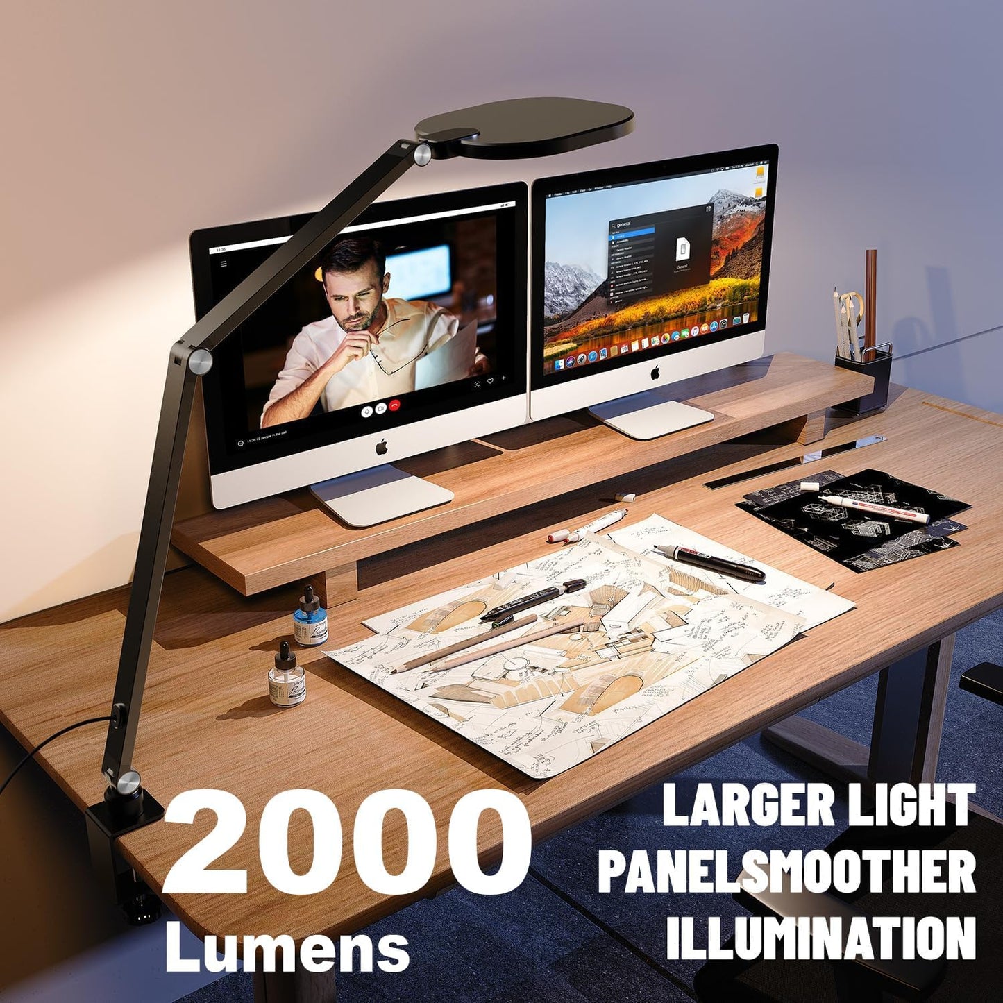 Desk Lamps for Home Office, 2000LM Eye-Caring Desk Light with Clamp, Dimmable Zoom Lighting with 3 Colors & 10 Brightness, Remote Computer Ring Light for Video Calls,Conference, Reading, CRI>97.8