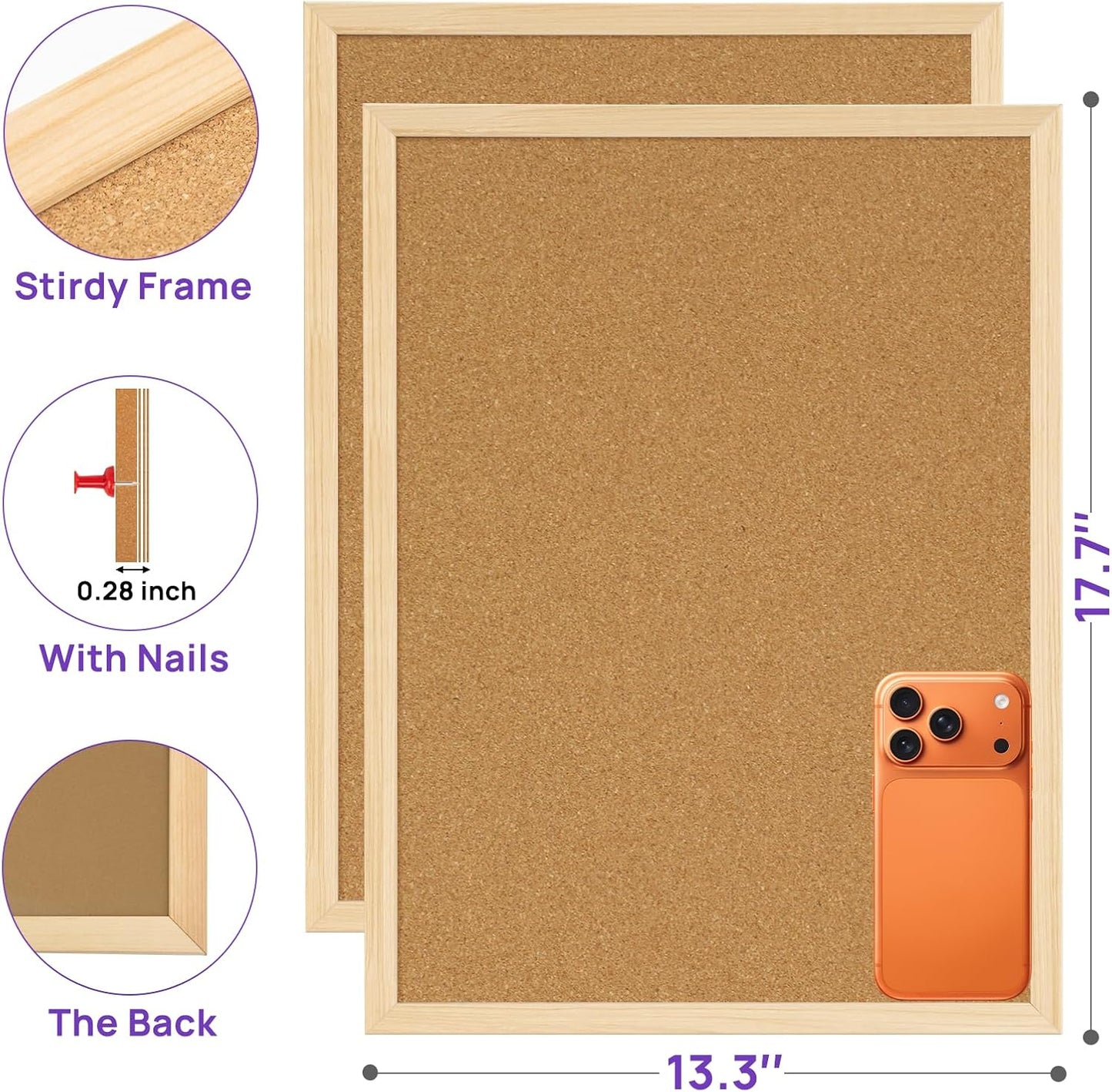 2 Pcs Cork Board, 17.7''x13.3'' Bulletin Board, Wooden Framed Corkboards for Wall, Small Cork Board, Vision Board Supplies, Prayer Board, Picture Board for Photos, Office, Home Decor, School