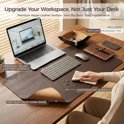 Premium Faux Leather Desk Mat & Tray Set，Innovative Cork-Look Printed Base，Gift Tube Packaging，Full-Desk Coverage，Non-Slip Desk Pad for Office Home（Olive Green）