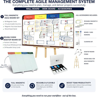 Kanban Board Set – Magnetic Agile Project Management Board with Cards, Desktop Kanban Board with Stand, Scrum Task Board System for Office, Home & Personal Productivity (2-in-1 Kit X)