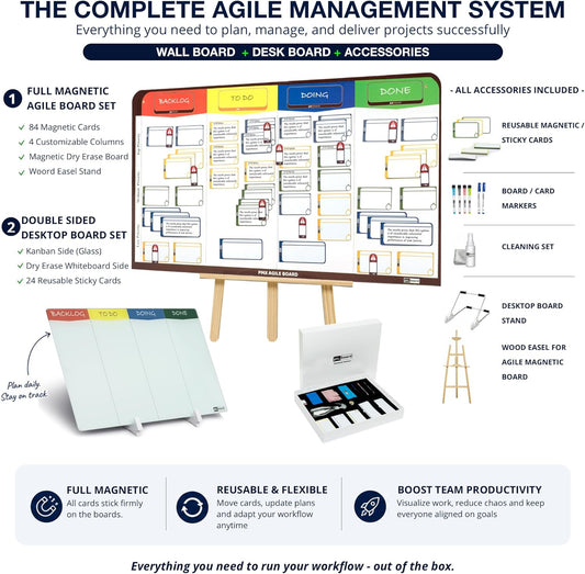 Kanban Board Set – Magnetic Agile Project Management Board with Cards, Desktop Kanban Board with Stand, Scrum Task Board System for Office, Home & Personal Productivity (2-in-1 Kit X)