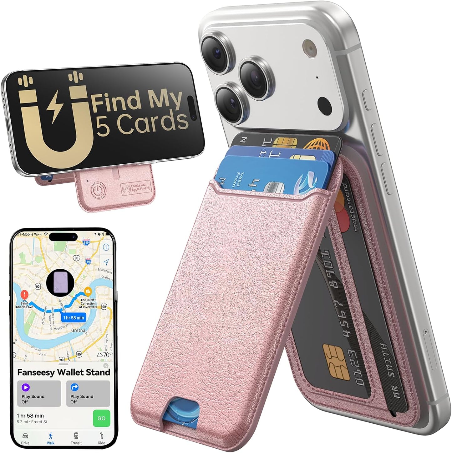 for MagSafe Wallet, Works with Apple Find My,5 Card Holder with Stand, Magnetic Phone Wallet Stand for iPhone 17/16/15/14/13/12 Pro Max Air Plus, RFID Blocking Vegan Leather,Black