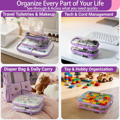 YQBRAO 6 Pack Clear Hard Shell Zipper Case, 1.2mm Heavy Duty Crush-Proof Diaper Bag Organizer Pouches, TSA Approved Travel Makeup Bag for Toiletries & Electronics, (2L, 2M, 2S) Multi-Size Storage Set