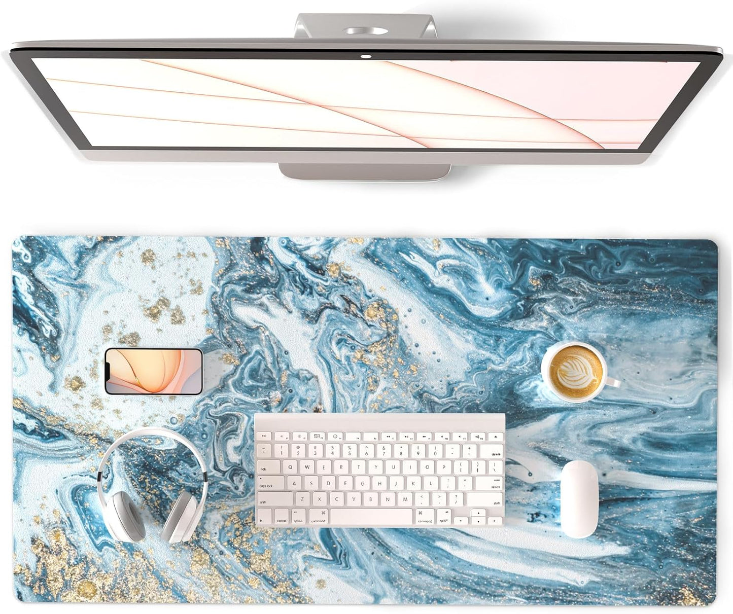 QIYI Large Mouse Pad, Cute Pink Desk Mat for Desktop, Women Girls PU Leather Desk Pad Waterproof Gaming Mousepad, Rose Gold Marble Computer Protector Writing Pad for School Office Home 31.5" x 15.7"