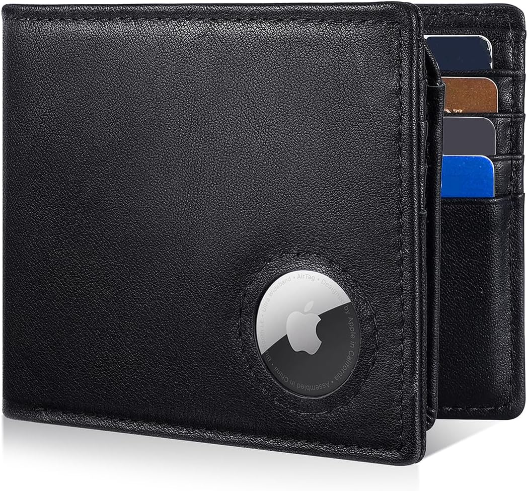 Mens Wallet With AirTag Holder, Bifold Leather RFID Blocking 1-2 ID Windows 12-13 Card Holders, Gift Box and Screen Protector Included, AirTag Not Included