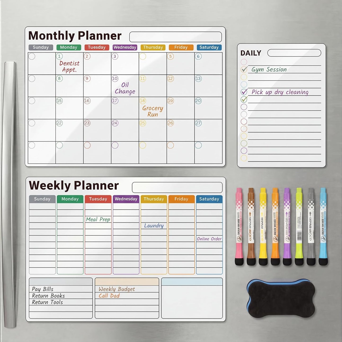 Magnetic Calendar for Refrigerator (3-Pack, Ships Flat) - 17"x12" Monthly, Weekly & Daily Planner with Lined Grids - Nano-Tech Dry Erase Board Fridge Whiteboard, 8 Markers & Eraser