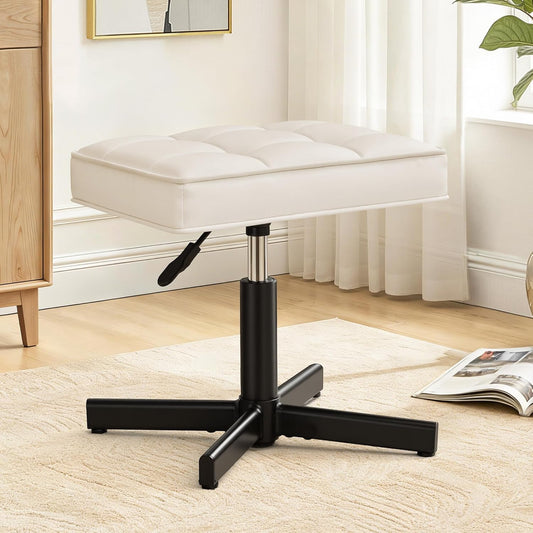 LUE BONA Adjustable Vanity Stool, Foot Rest Under Desk, 360° Swivel Vanity Chair for Makeup Room, Black Upholstered Faux Leather Ottoman for Bathroom & Living Room, 300lbs