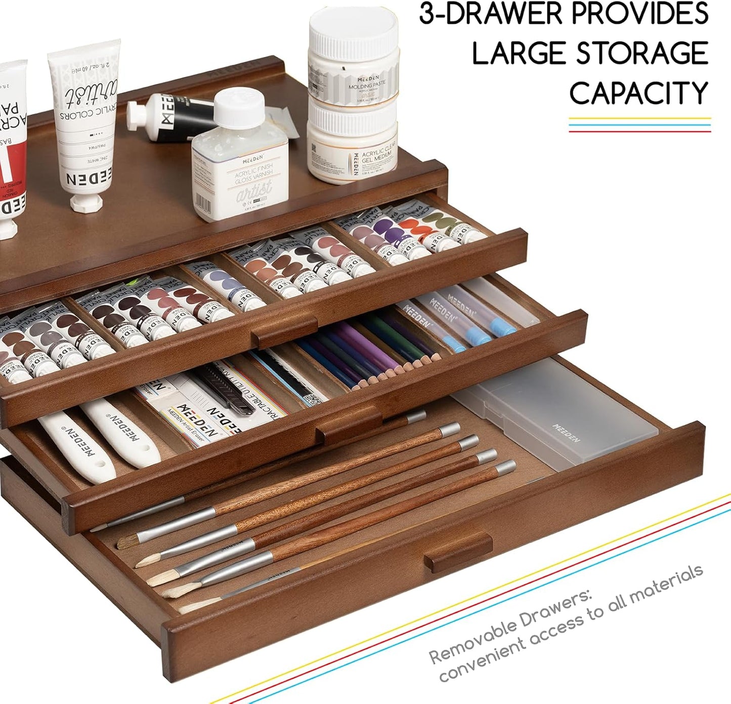 MEEDEN PRO Wood Artist Supply Storage Box - 3 Drawers Art Supply Storage Box - Solid Beech Wood Art Organizer Box - Portable Storage Box for Pastels Pencils Brushes Paints Markers