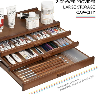 MEEDEN PRO Wood Artist Supply Storage Box - 3 Drawers Art Supply Storage Box - Solid Beech Wood Art Organizer Box - Portable Storage Box for Pastels Pencils Brushes Paints Markers
