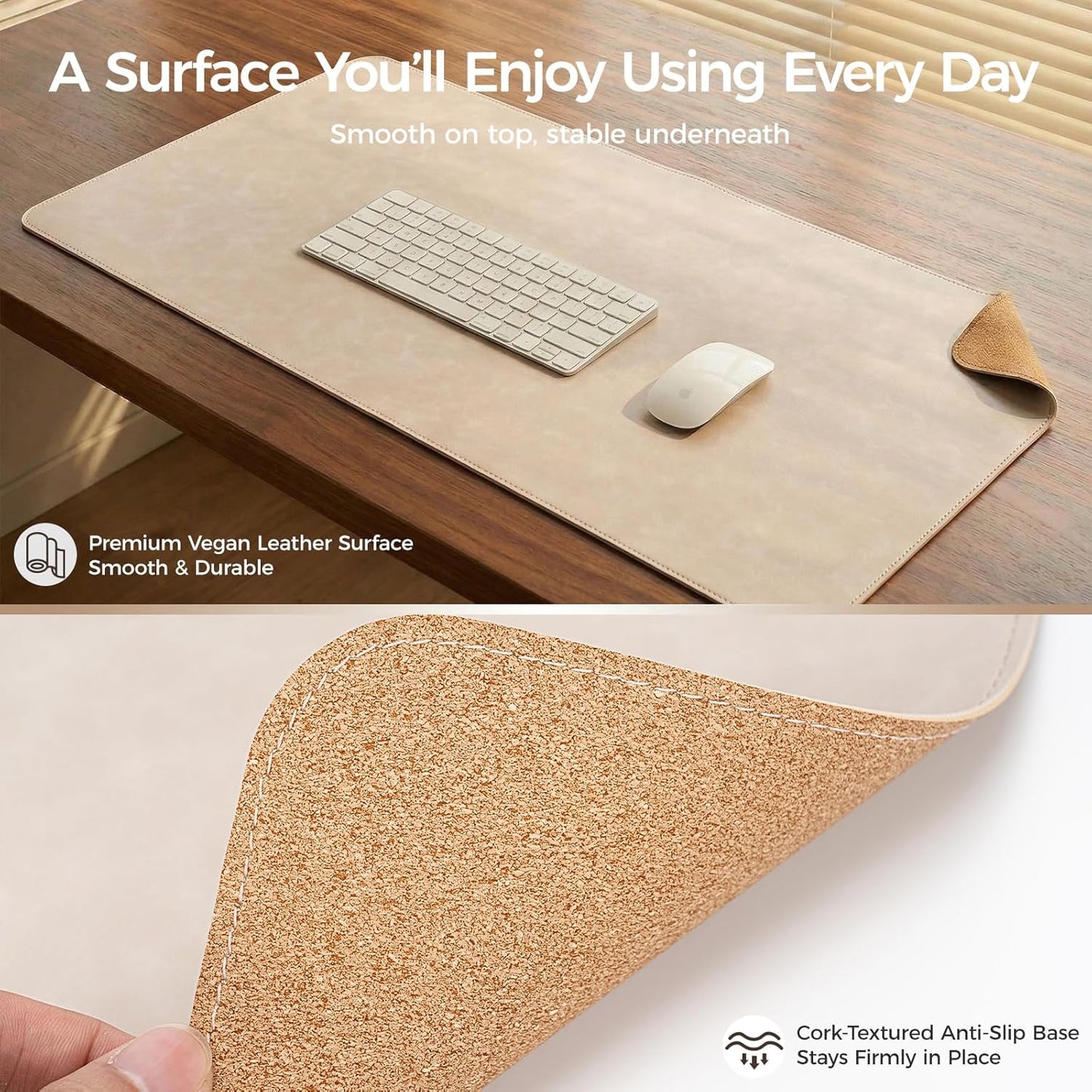 Premium Faux Leather Desk Mat & Tray Set，Innovative Cork-Look Printed Base，Gift Tube Packaging，Full-Desk Coverage，Non-Slip Desk Pad for Office Home（Olive Green）