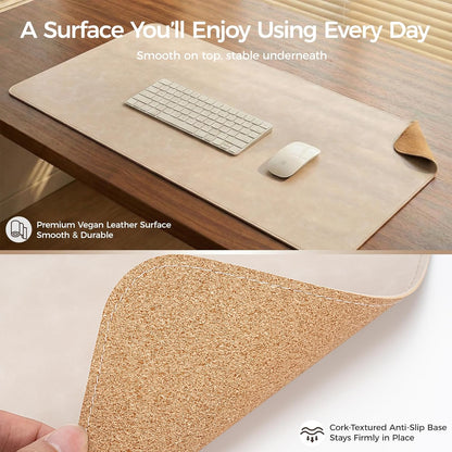 Premium Faux Leather Desk Mat & Tray Set，Innovative Cork-Look Printed Base，Gift Tube Packaging，Full-Desk Coverage，Non-Slip Desk Pad for Office Home（Olive Green）