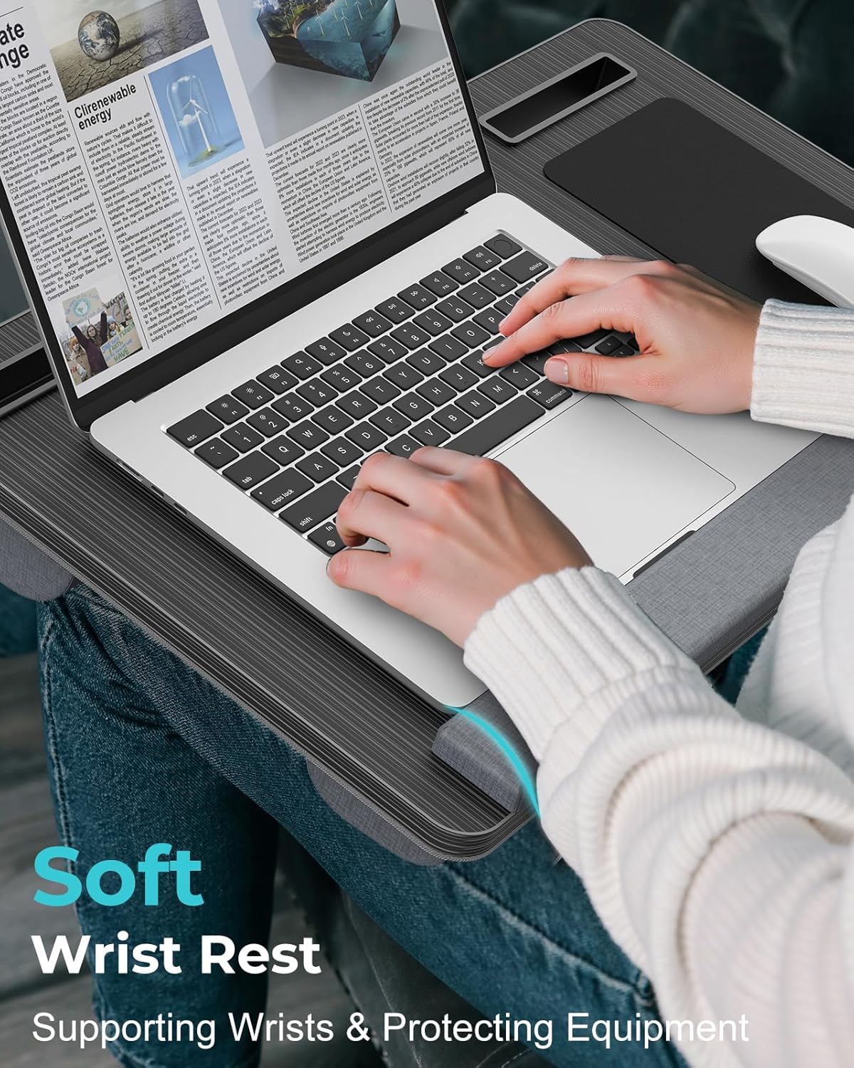 Potuopy Lap Desk - Up to 17” Laptop Tray with Wrist Rest, Portable Handle, Fixed Mouse Pad, Tablet & Phone Slots, Laptop Lap Desk with Cushion (Dark Brown)
