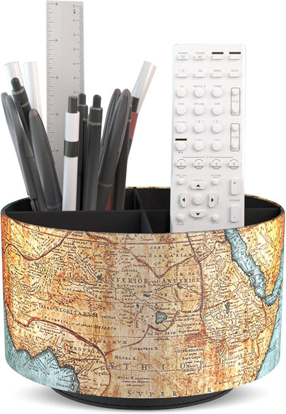 Round Leather Art Supply Organizer,Remote Control Holder,360 Degree Rotating,Multi-Functional Pencil Holder,4 Compartments Desktop Stationary Organizer(1-Fractal Flower) | Round - Colors B
