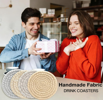 4.8" Drink Cotton Coasters Set of 2 – Boho Woven Drink Pads for Coffee & Tea, Neutral Sandstone Blend Fabric Cup Mats for Desk, Table, Nightstand, Dorm, Giftable Absorbent Coaster Set (Latte)