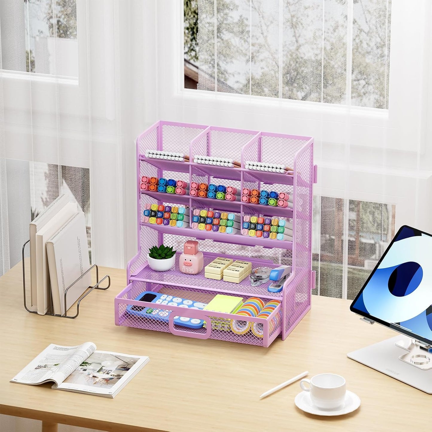 Marbrasse Larger Mesh Desk Organizer with Drawer, Multi-Functional Pen Pencil Holder, Easy Assembly, Desk Organizers and Accessories for Office Art Supplies (Black)