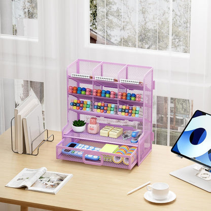 Marbrasse Larger Mesh Desk Organizer with Drawer, Multi-Functional Pen Pencil Holder, Easy Assembly, Desk Organizers and Accessories for Office Art Supplies (Black)