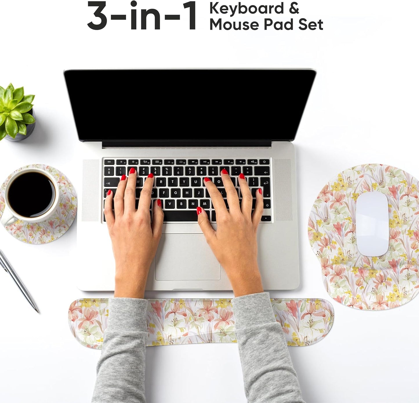 RICHEN Keyboard Wrist Rest and Mouse Pad with Wrist Support, Memory Foam Set for Gaming and Office, Comfortable & Lightweight for Easy Typing & Pain Relief (White Butterflies)
