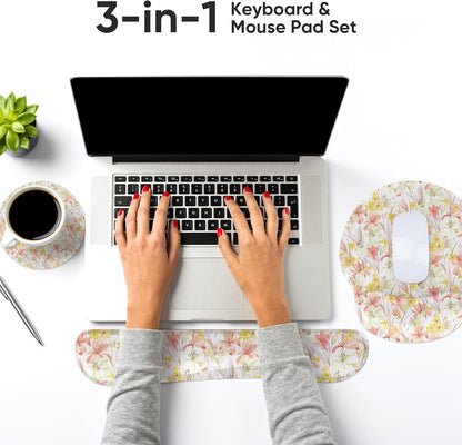 RICHEN Keyboard Wrist Rest and Mouse Pad with Wrist Support, Memory Foam Set for Gaming and Office, Comfortable & Lightweight for Easy Typing & Pain Relief (White Butterflies)