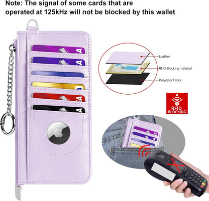 RFID Blocking Slim Credit Card Holder Wallet with Zipper Money Pocket & Keychain, Slim Airtag Wallet for Men Women