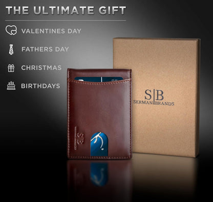 SERMAN BRANDS RFID Blocking Slim Bifold Genuine Leather Minimalist Front Pocket Wallets for Men with Money Clip Thin Mens
