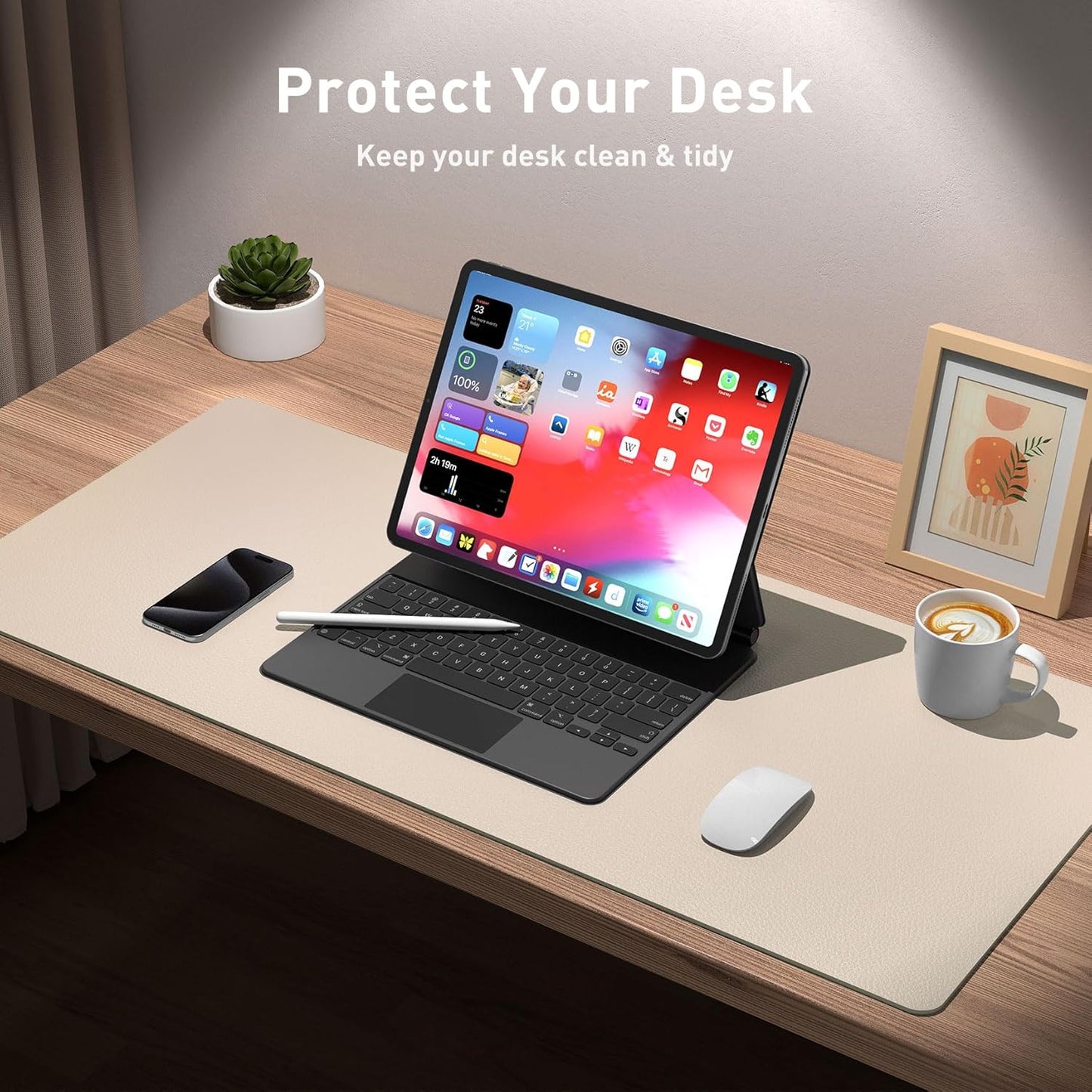 Aothia Non-Slip PU Leather Waterproof Laptop Desk Pad Protector, Blotter Mat, Writing and Mouse Pad for Office & Home, Beige, 23.6" x 13.7" - Colors B