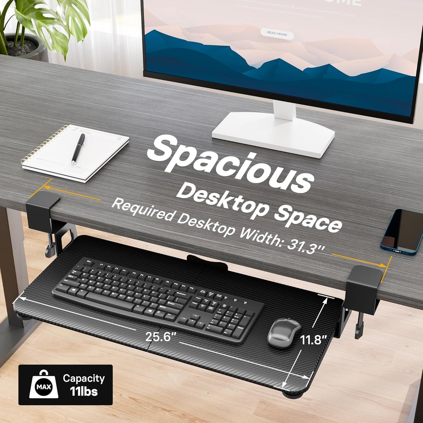 BONTEC KMT01 Under Desk Keyboard Tray, Pull-Out Keyboard & Mouse Platform with C-Clamp, 25.6 x 11.8 in Space-Saving Ergonomic Slide-Out Drawer, White