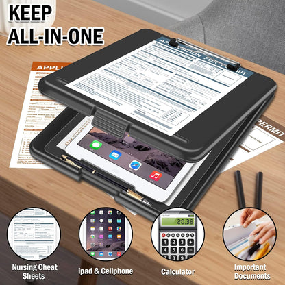 ANZNKU Clipboards with Storage, 13x9.6 Heavy Duty Nursing Clipboard Foldable, Plastic Storage Clipboard with Pen Holder, Cute Clip Board Folder for Teacher Nurse Work, School & Office Supplies(Black)